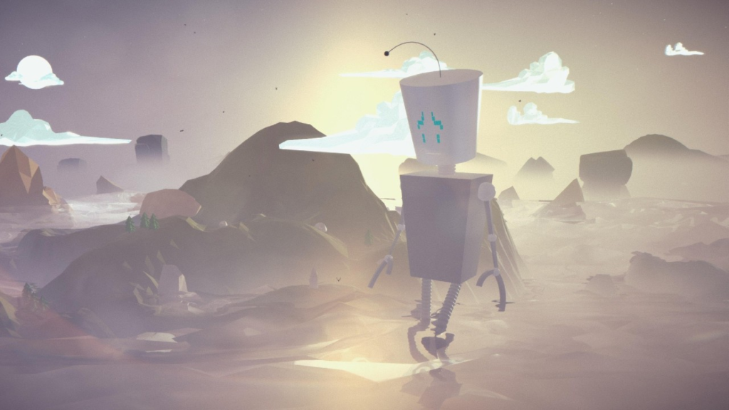 3D-rendered robot with a cylindrical head and antenna walking through a foggy, surreal mountain landscape at sunrise, with soft pastel lighting and floating clouds.