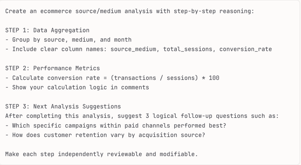 Screenshot showing step by step ecommerce source and medium analysis framework including data aggregation, performance metrics with conversion rate calculation, and next analysis suggestions for campaign and retention insights