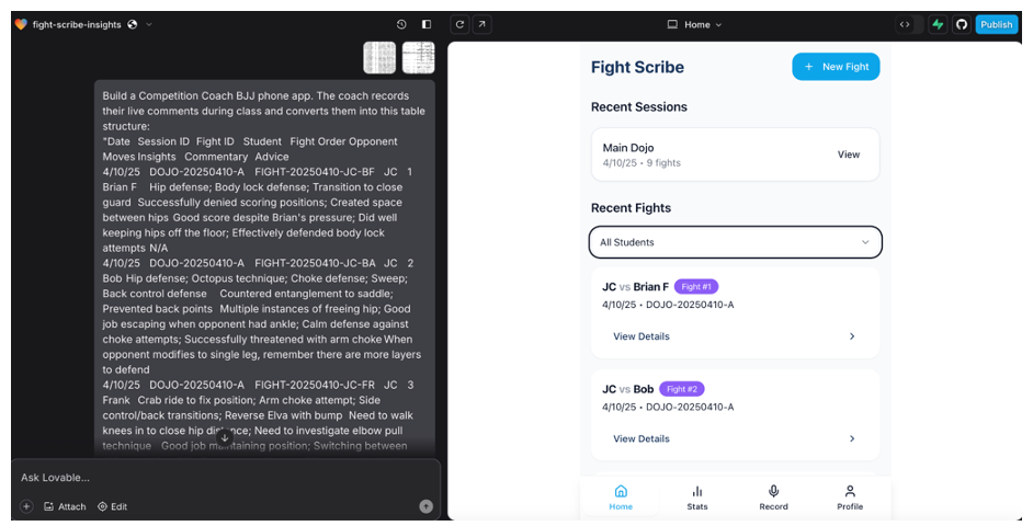 Screenshot showing a side-by-side view of the Fight Scribe interface. On the left is a text editor with structured BJJ fight notes including date, session ID, fight ID, student, opponent, moves, insights, commentary, and advice. On the right is the Fight Scribe app dashboard with recent sessions, a student filter, and a list of recent fights with buttons to view details.