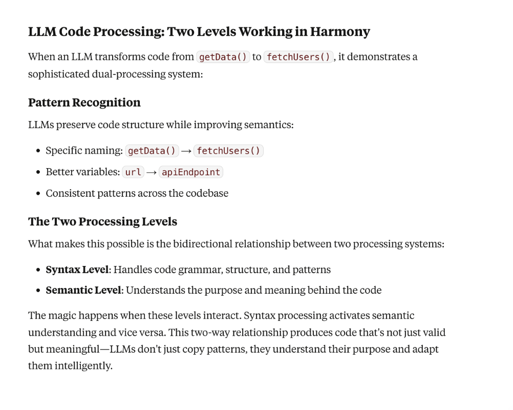 Diagram explaining how LLMs transform code using pattern recognition, improved naming, and two processing levels—syntax handling structure and semantics interpreting meaning.
