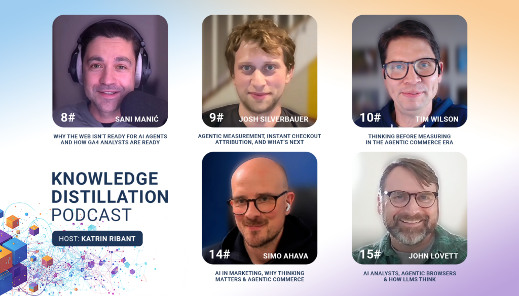Knowledge Distillation Podcast cover featuring five guests: Sani Manić (ep. 8), Josh Silverbauer (ep. 9), Tim Wilson (ep. 10), Simo Ahava (ep. 14), and John Lovett (ep. 15), hosted by Katrin Ribant.